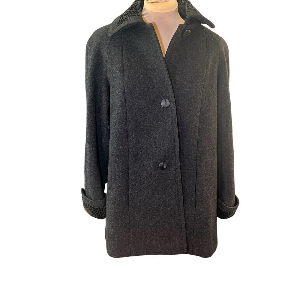 Vintage Jo-D SZ M Women 100% Wool Car Coat Velvet Leopard Animal Print Trim 90s